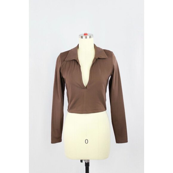 Aritzia BABATON Contour Brown Jersey Polo Long Sleeve Waist T-Shirt, Size M - Picture 1 of 13